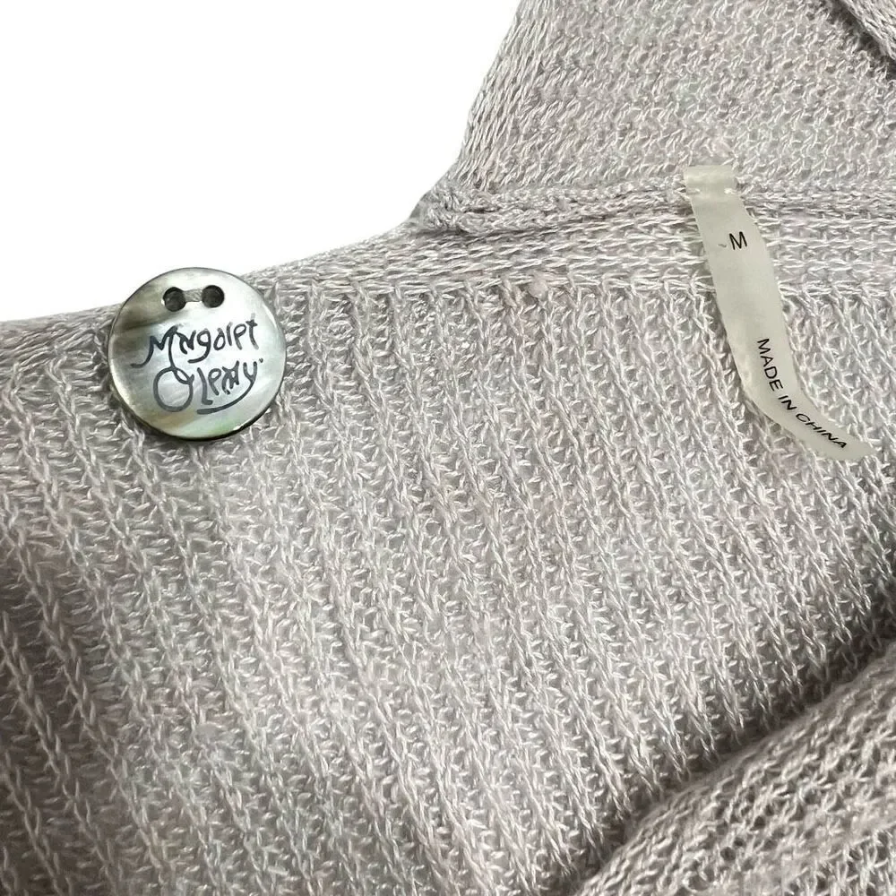 Margaret O'Leary Medium Lightweight Gray V-Neck Sweater Open Knit Linen